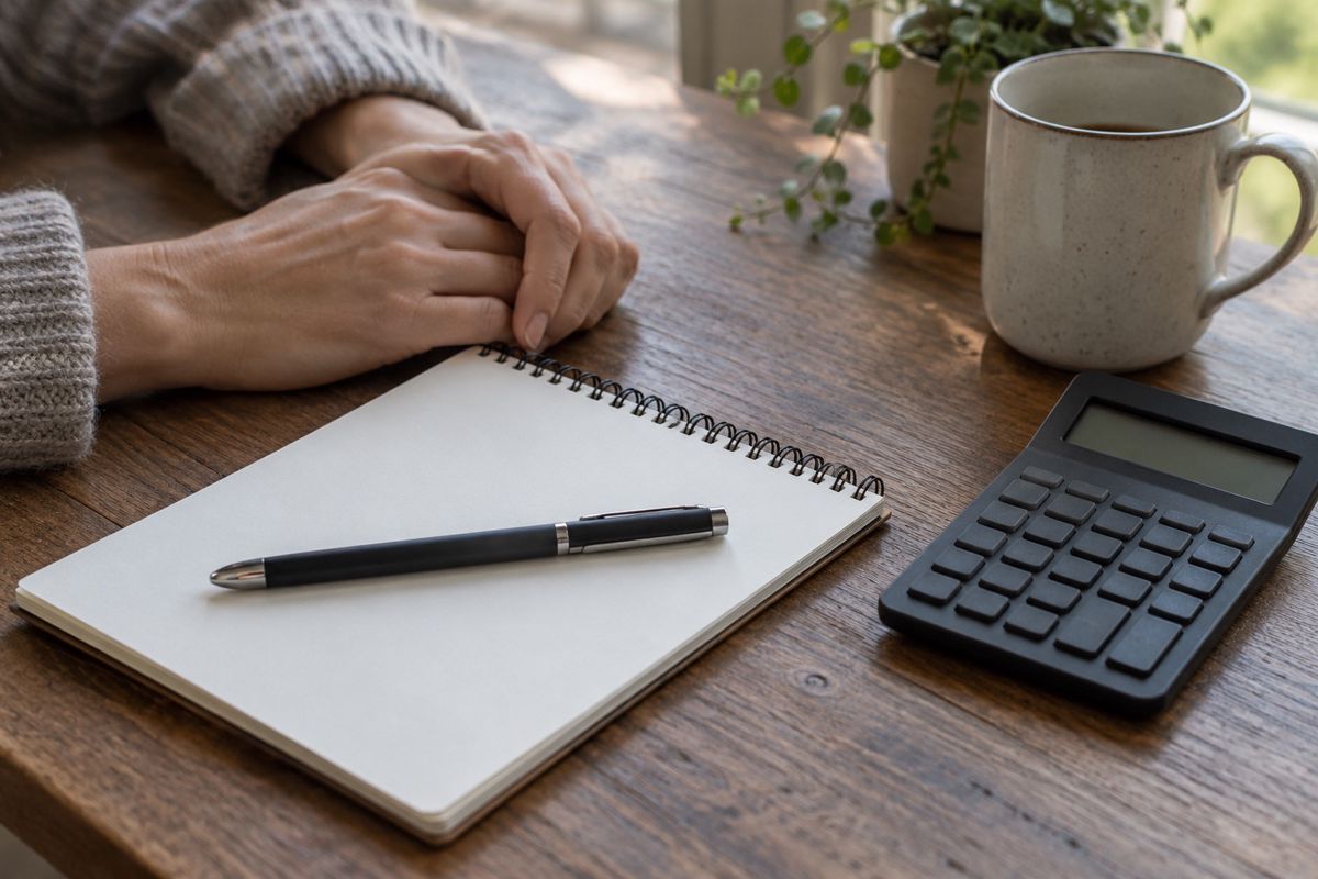 Hands beside a notebook, pen and small calculator on a table