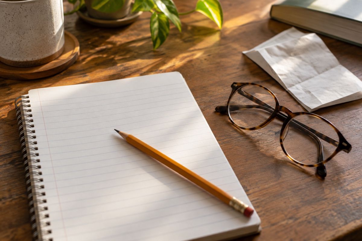 Blank notebook page with pencil, reading glasses and a folded receipt