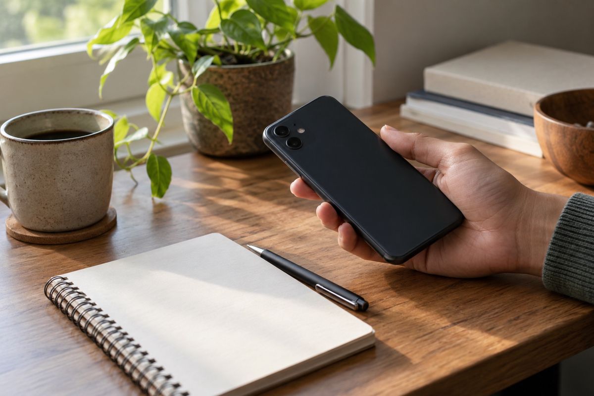 Hand holding a smartphone face down above a tidy desk with notebook and pen