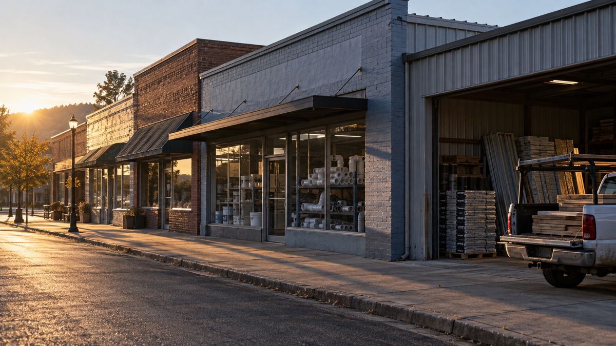 Quiet street of small local businesses at dawn with a parked work truck